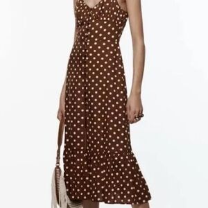Zara chocolate Brown Midi Dress with White Polka Dots